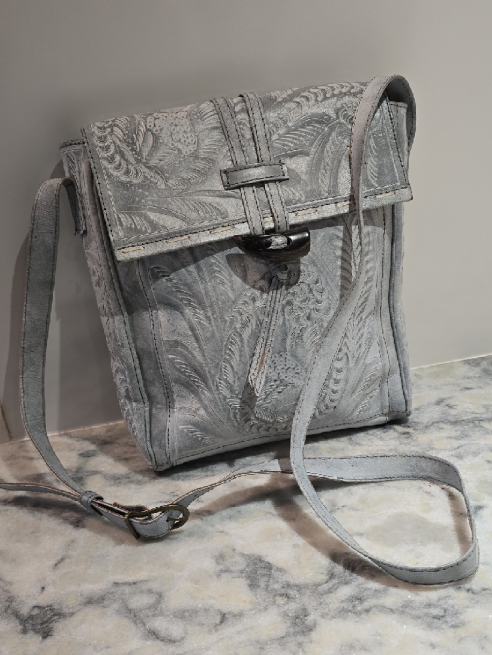 Women's Embossed Leather Crossbody Bag in Light Gray - Picture 14 of 17